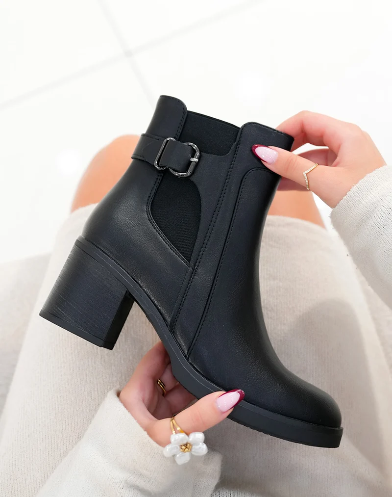 Bottines femme bi-matière noires avec talon épais moyen et sangle argentée