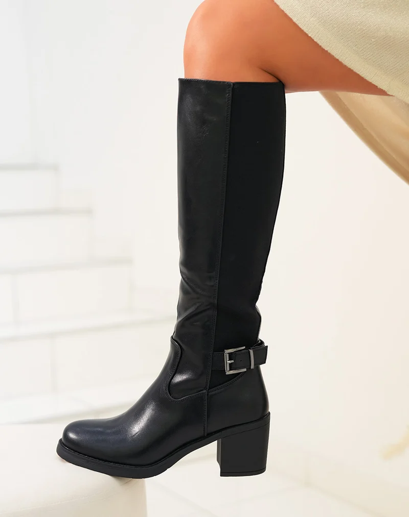 Bottes femme noires avec tige élastique et détail argenté