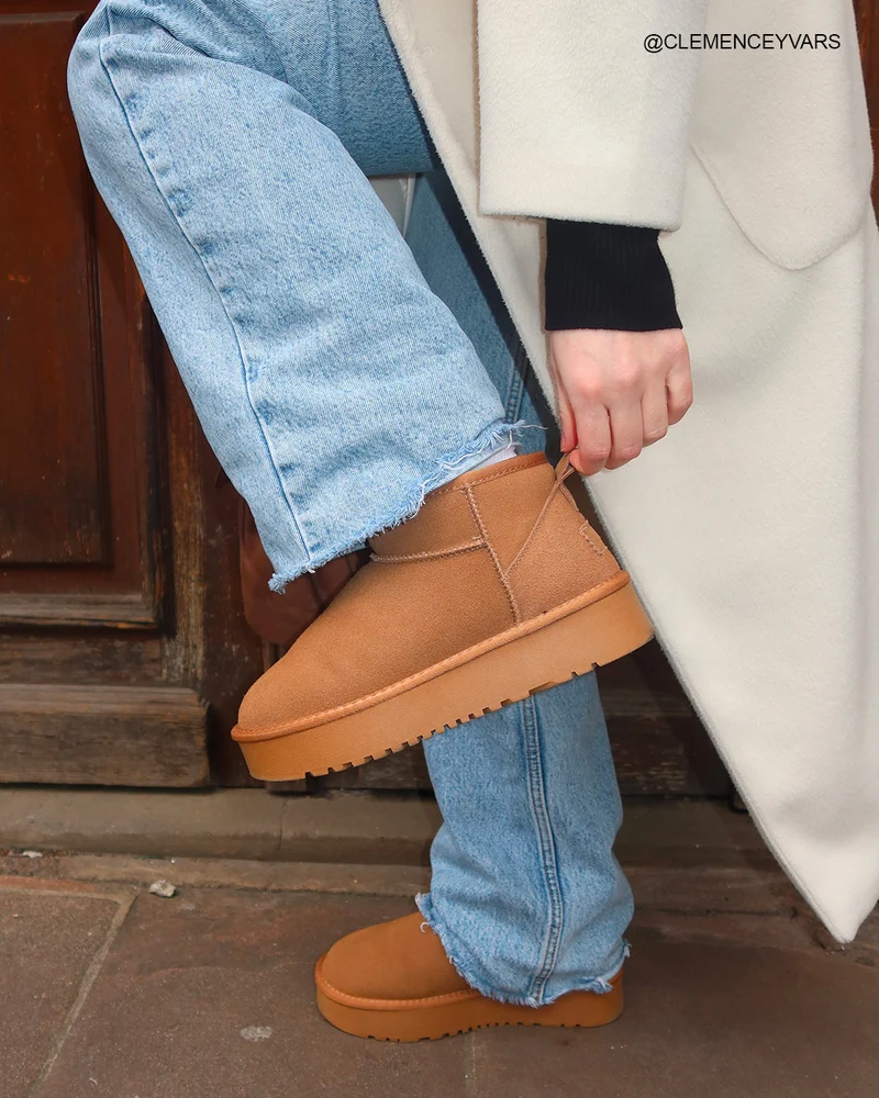 Bottines femme camel en cuir basses à plateforme épaisse fourrées et tendance