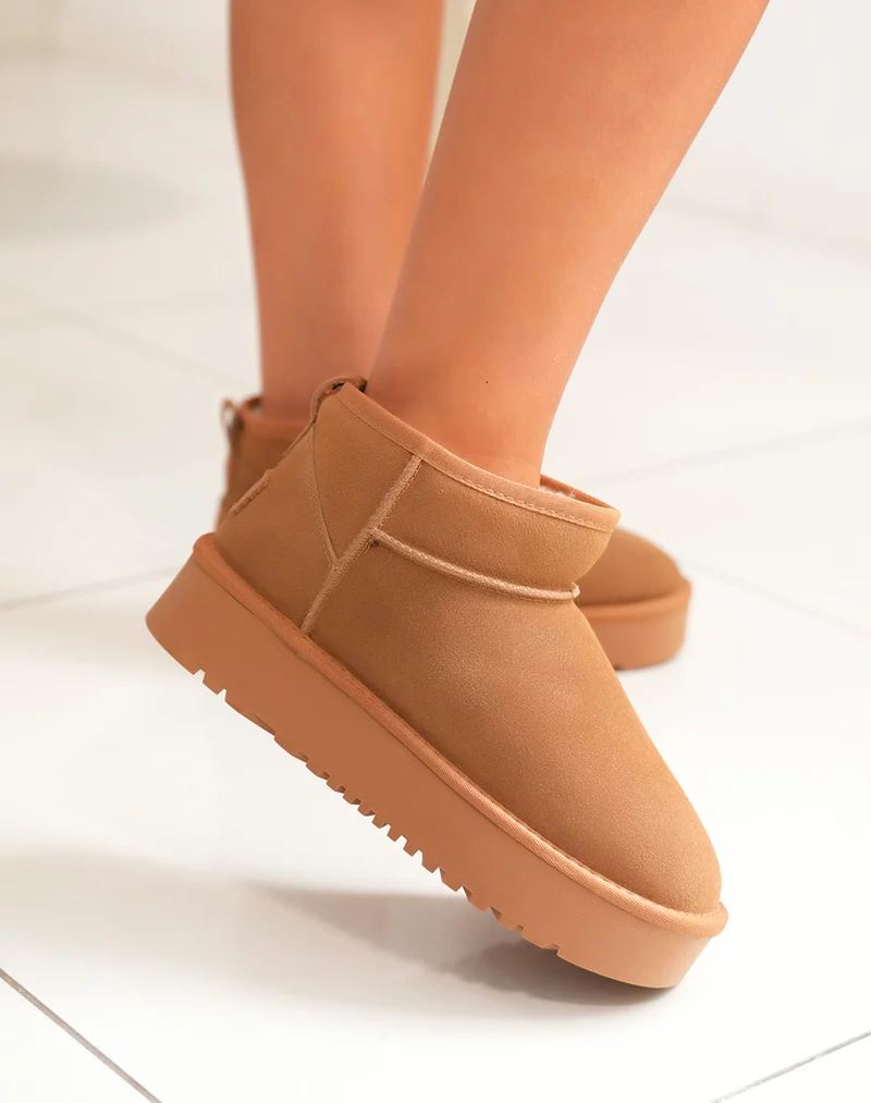 Bottines femme camel en cuir basses à plateforme épaisse fourrées et tendance