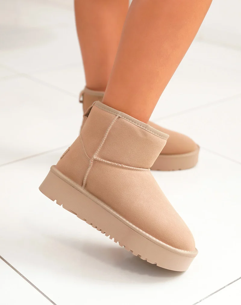 Bottines femme taupe mi-hautes en cuir à plateforme épaisse fourrées et tendance