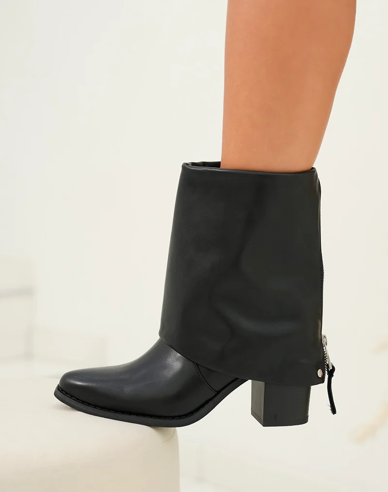 Bottines femme noires à revers avec bout pointu et talon épais
