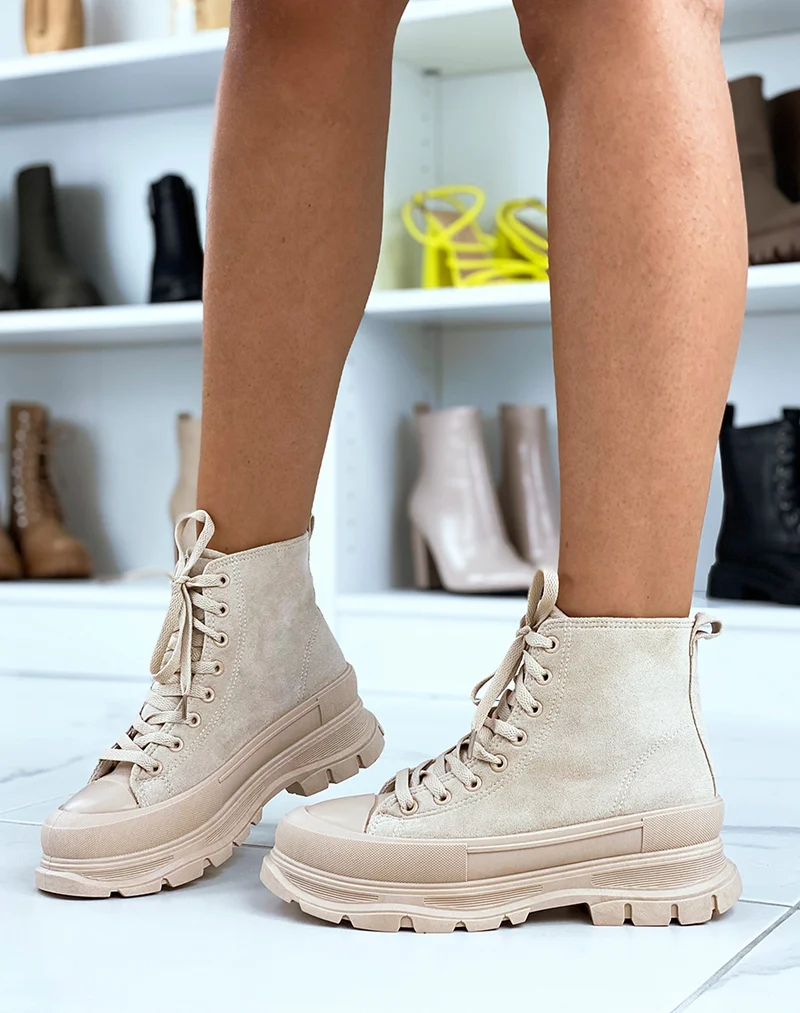 Baskets montantes en suédine beige à semelle XXL