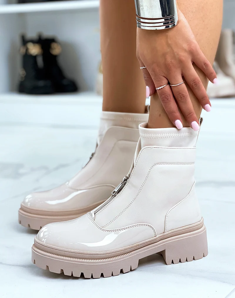 Bottines beiges vernies effet chaussette zipées et talonnées