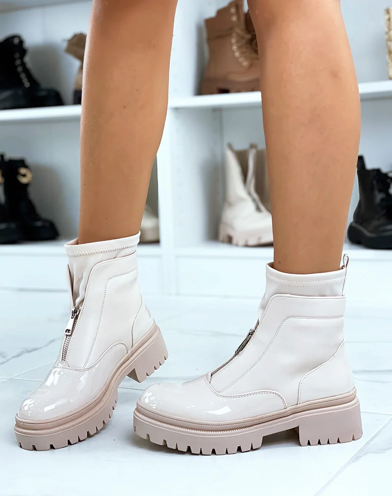 Bottines beiges vernies effet chaussette zipées et talonnées