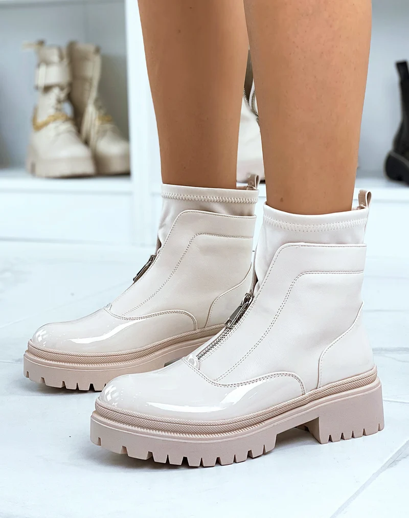 Bottines beiges vernies effet chaussette zipées et talonnées