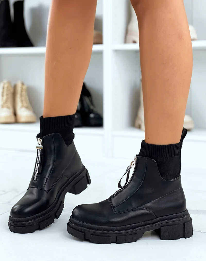 Bottines noires effet chaussette à zip et semelle crantée
