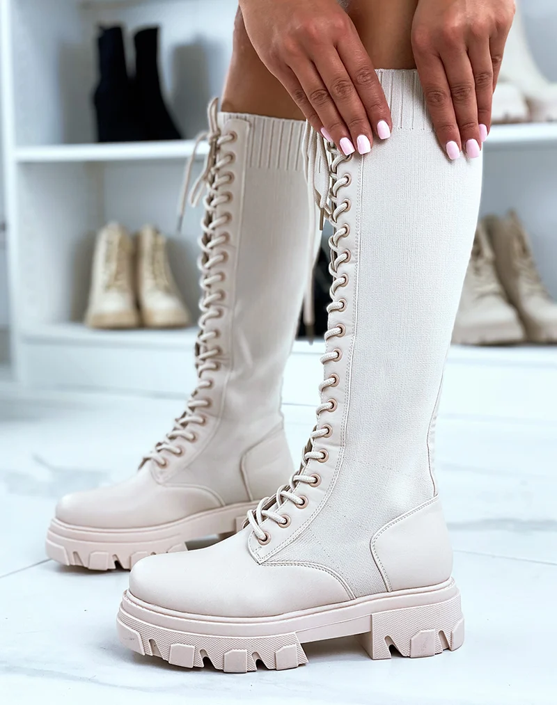 Bottes beiges bi-matières lacées à semelle crantée