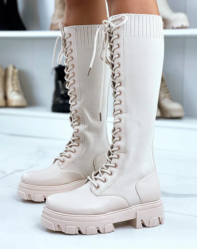Bottes beiges bi-matières lacées à semelle crantée
