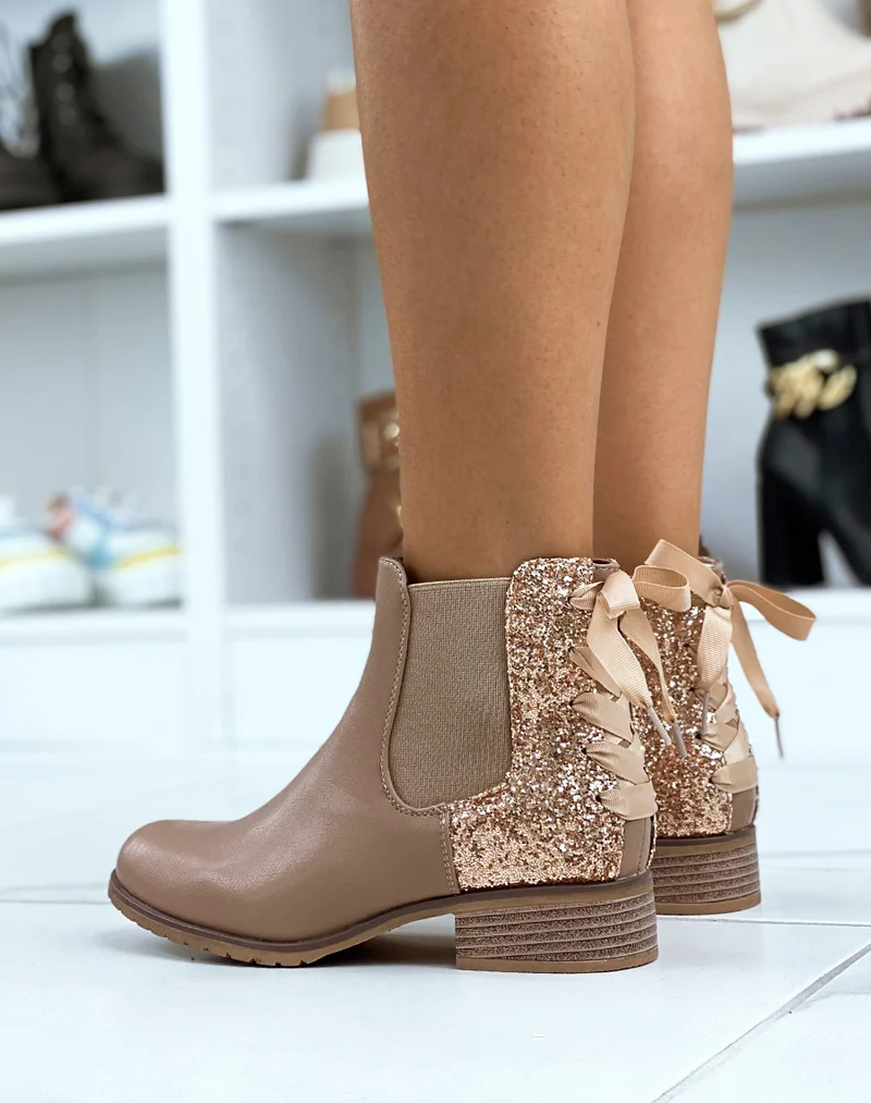 Chelsea boots beige à paillettes roses avec noeud