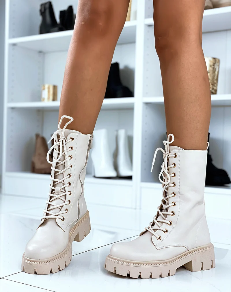 Bottines hautes beiges à plateforme épaisse