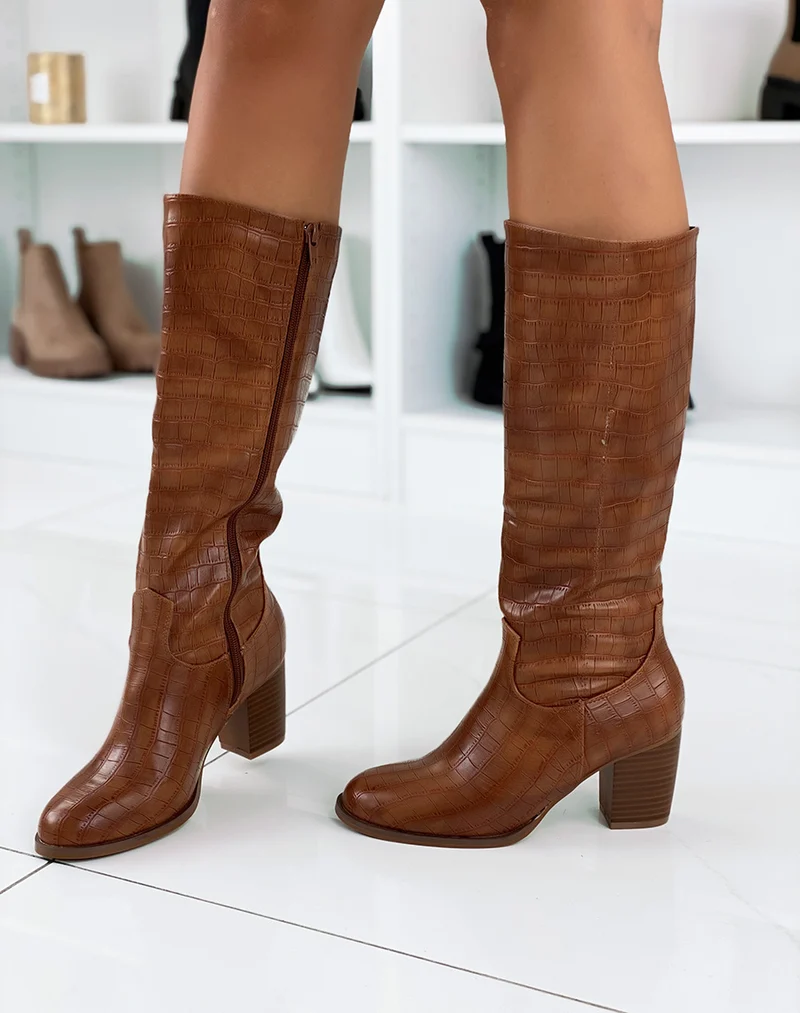 Bottes hautes en effet croco camel à talon