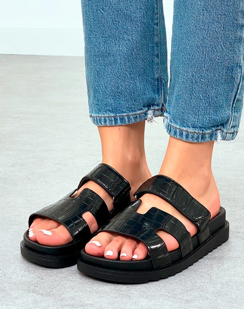 Mules Femme Noires Effet Croco à Plateforme Urbaine