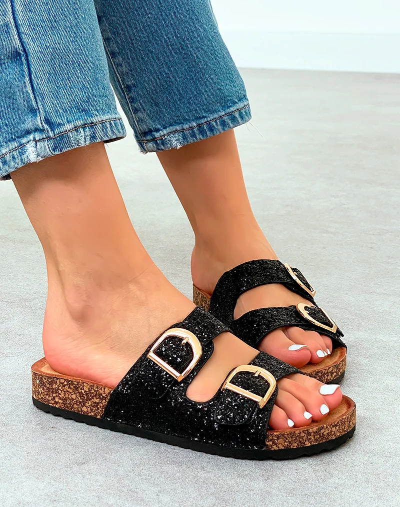 Mules Femme Élégantes à Paillettes Noires et Boucle Dorée
