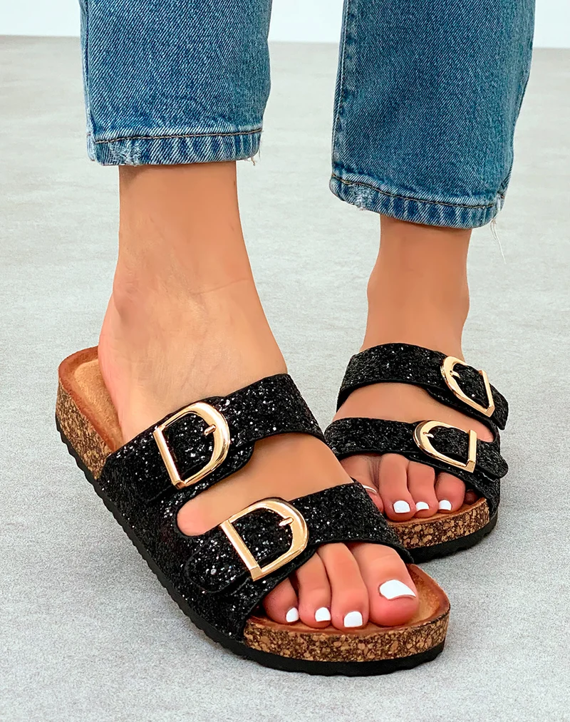Mules Femme Élégantes à Paillettes Noires et Boucle Dorée
