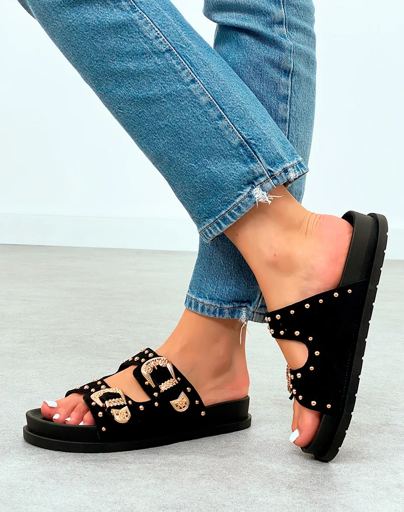 Mules Noires Cloutées à Double Sangle – Élégance Rock et Confort