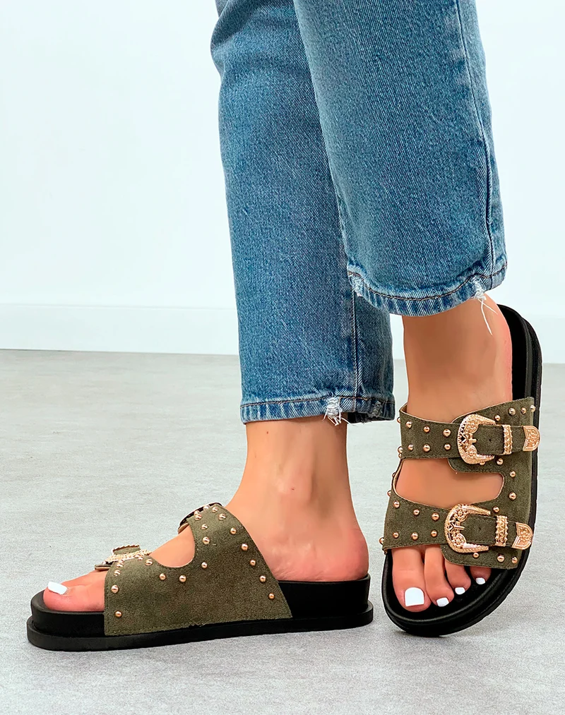 Mules Vert Kaki en Suédine avec Double Sangle Cloutée – Audace Tendance