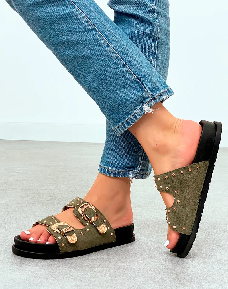 Mules Vert Kaki en Suédine avec Double Sangle Cloutée – Audace Tendance