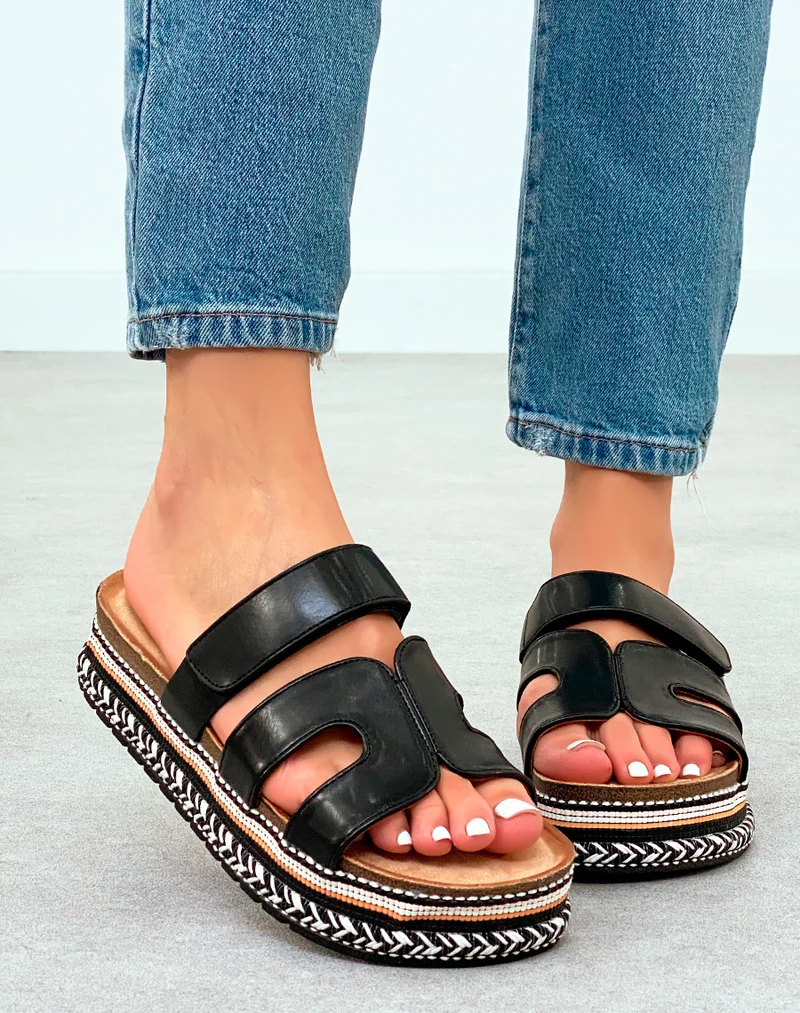 Sandales Mules Noires à Plateforme avec Motif Aztèque – Confort Ethnique Chic