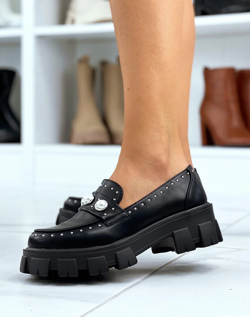 Mocassin noir perlé à grosse plateforme