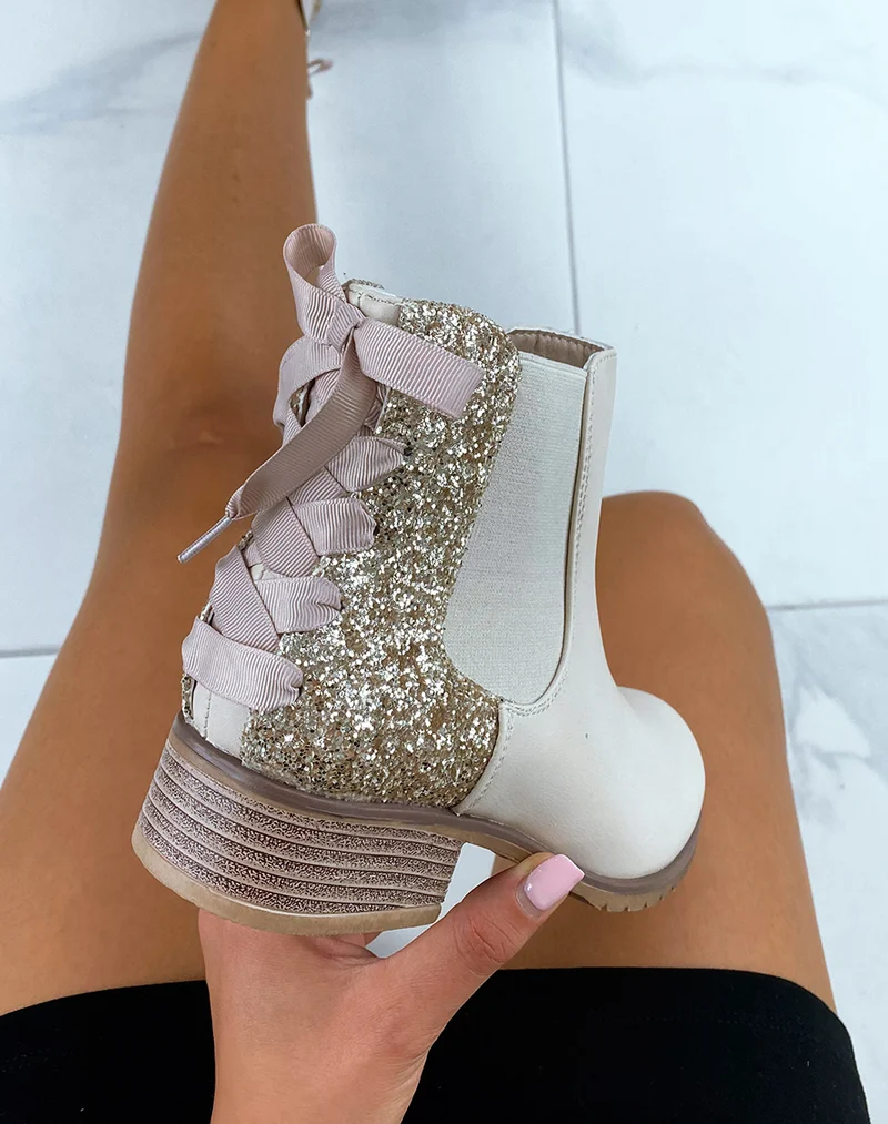 Chelsea boots beiges à paillettes avec nœud