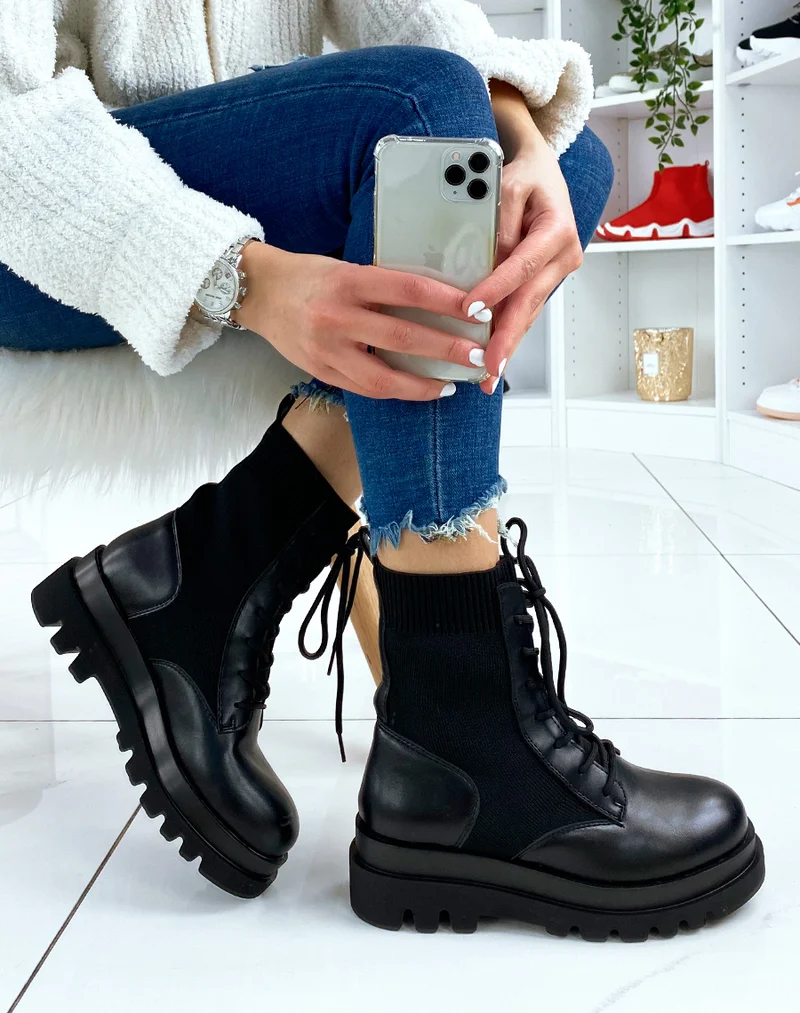Bottines noires bi-matières à lacets