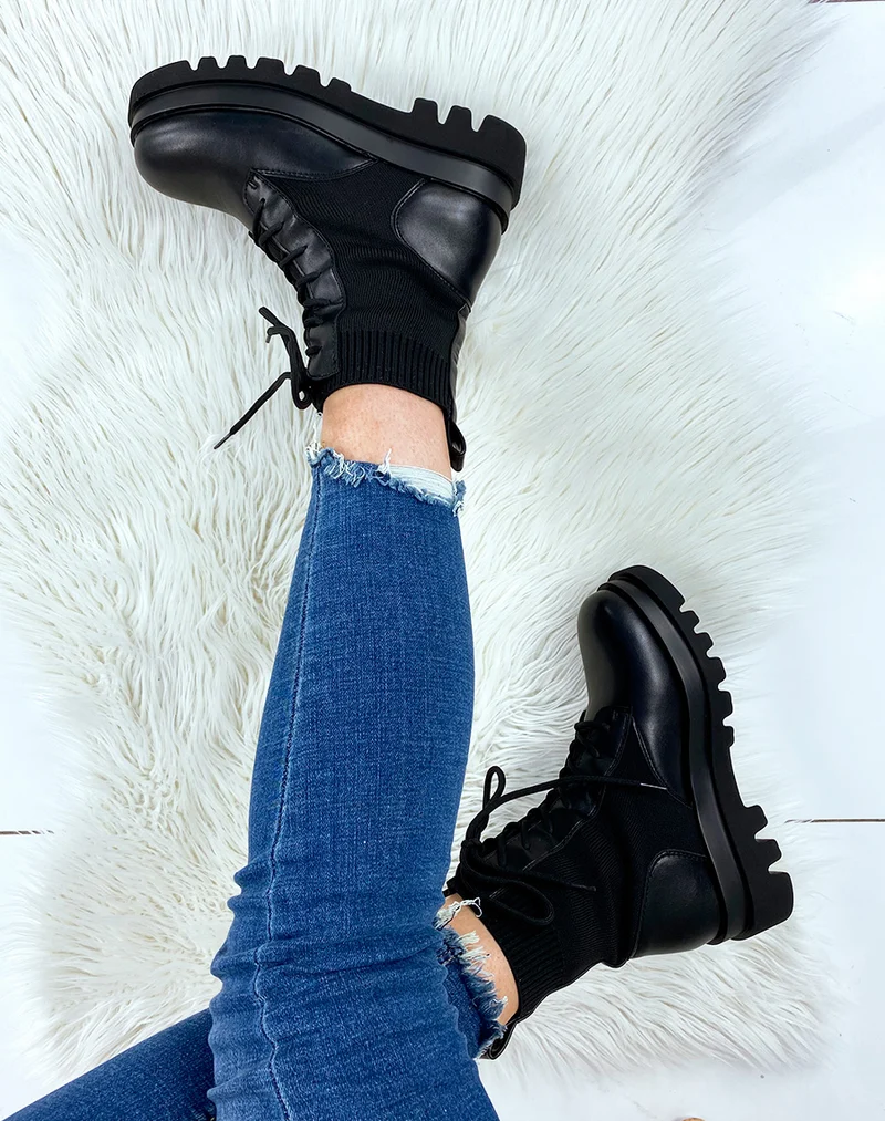 Bottines noires bi-matières à lacets