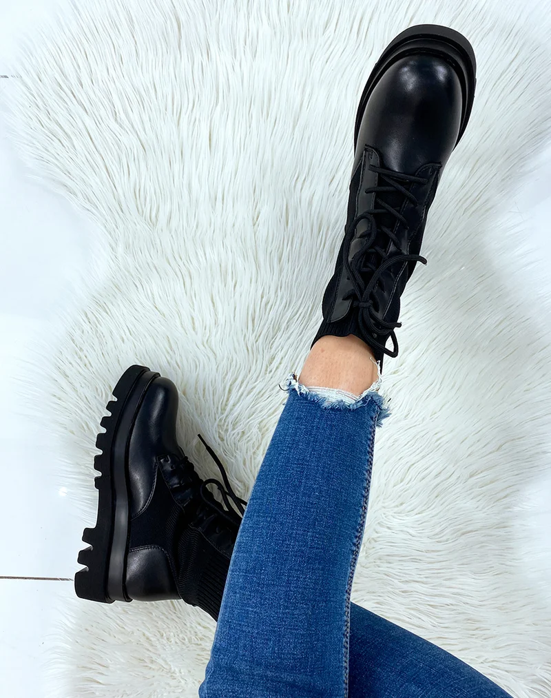 Bottines noires bi-matières à lacets