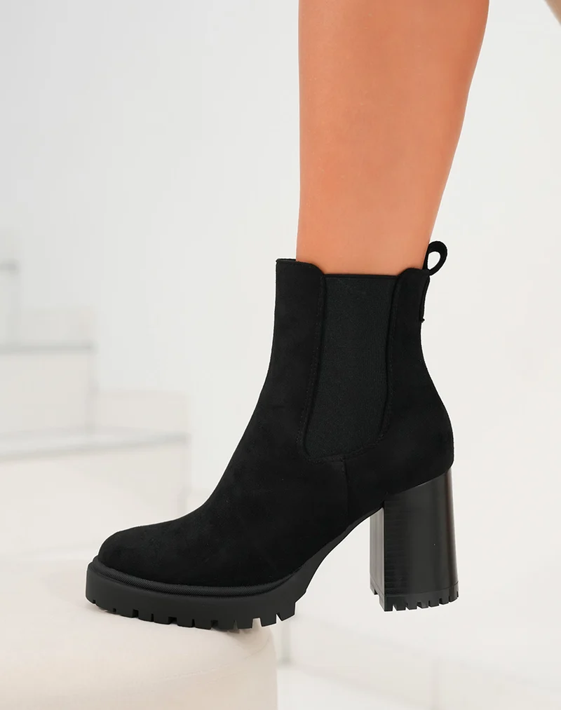Bottines Chelsea femme en suédine noires avec talon épais et semelle crantée