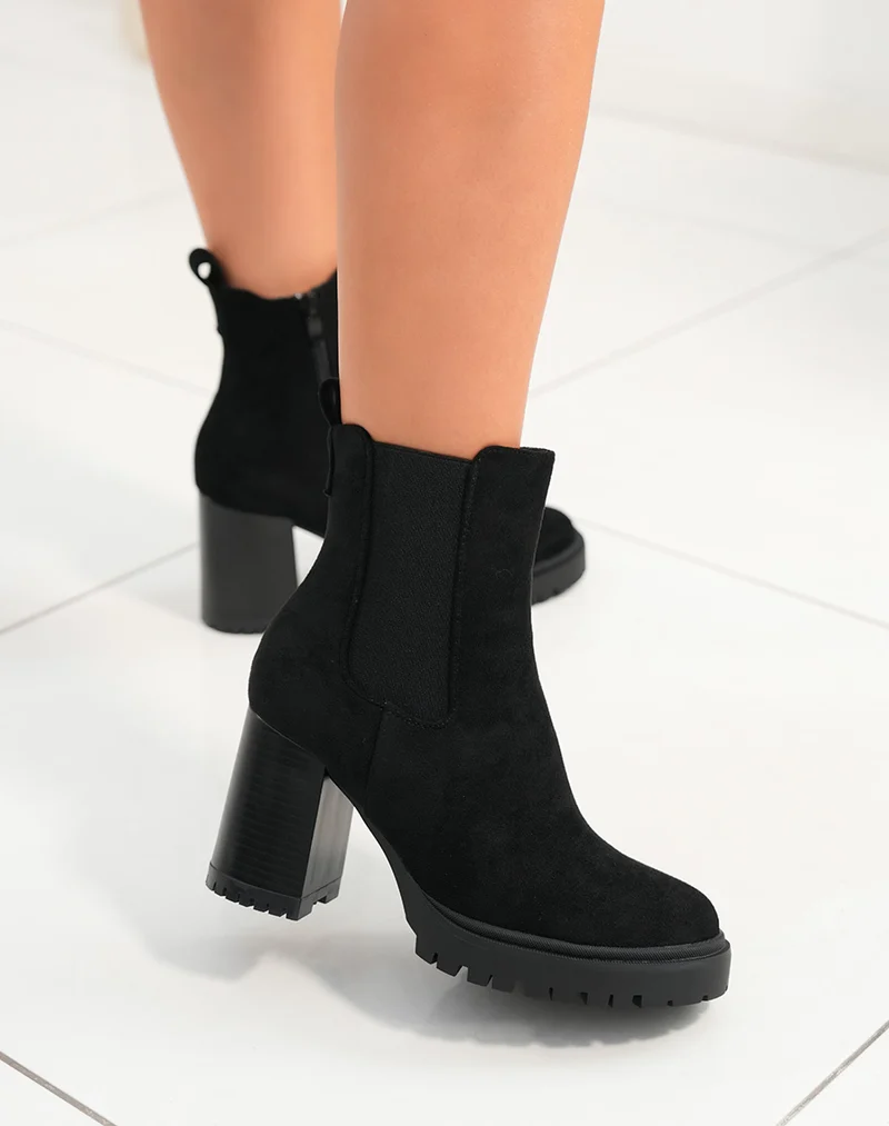 Bottines Chelsea femme en suédine noires avec talon épais et semelle crantée