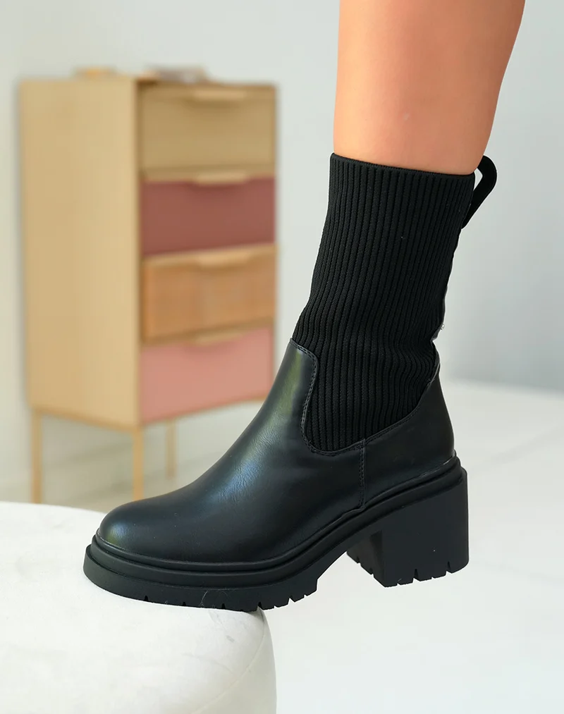 Bottines Chelsea Noires Bi-Matière à Talon Épais pour Femme