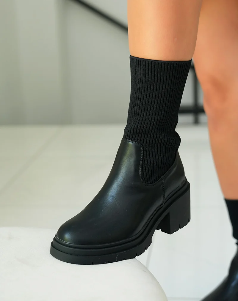 Bottines Chelsea Noires Bi-Matière à Talon Épais pour Femme