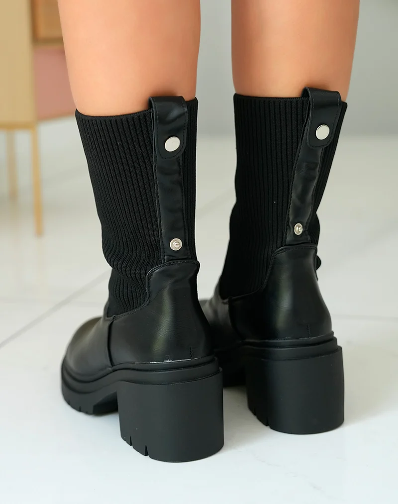 Bottines Chelsea Noires Bi-Matière à Talon Épais pour Femme