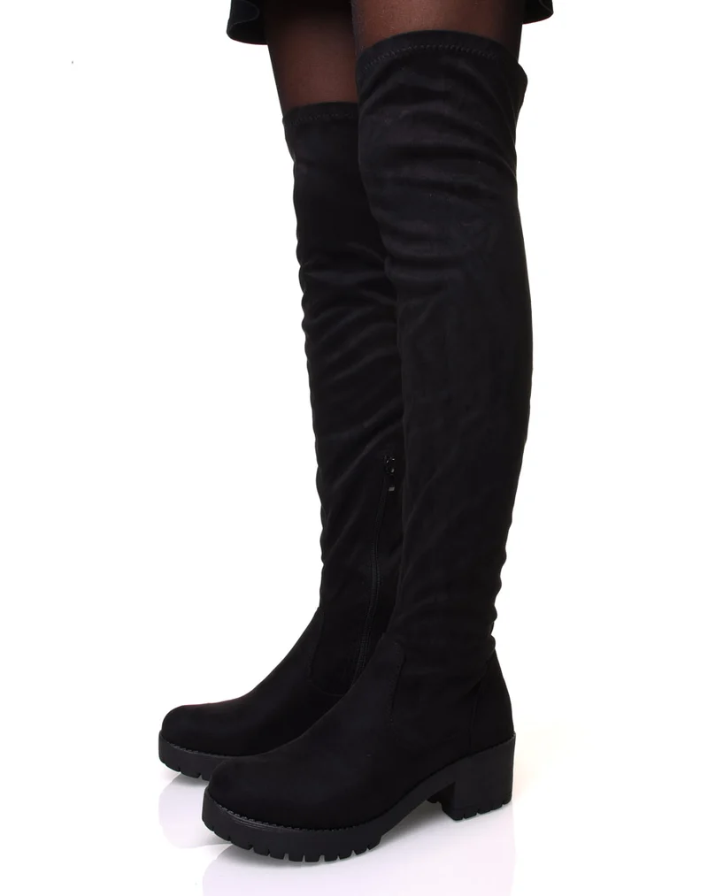 Cuissardes noires effet suédine à petit talon