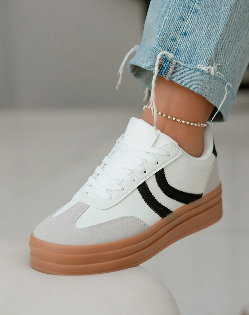 Baskets Femme Blanches triple plateforme avec Empiècements Noir et Gris