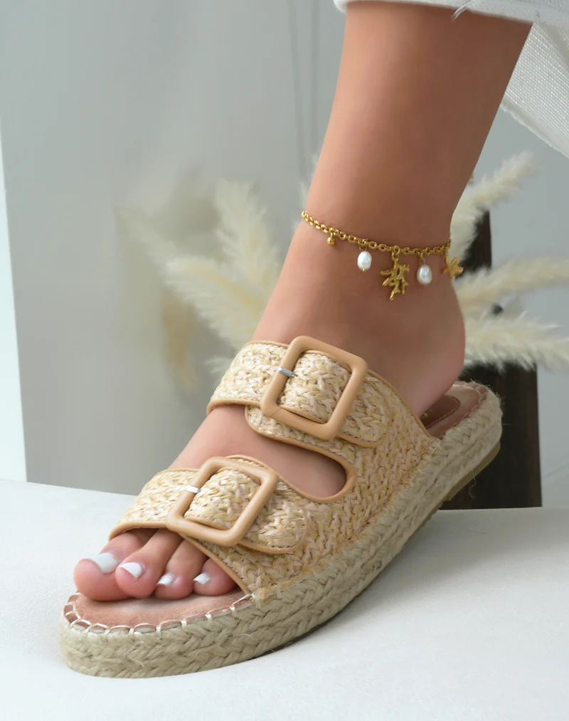Mules à double bride femme effet tissé beige avec semelle épaisse en corde tendance