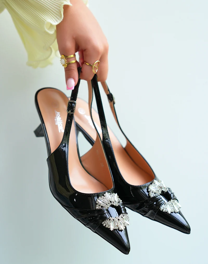 Escarpins vernis noirs femme élégants avec petit talon et rond strassé