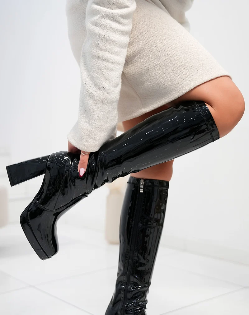 Bottes femme noires vernis avec talon épais et zip latéral