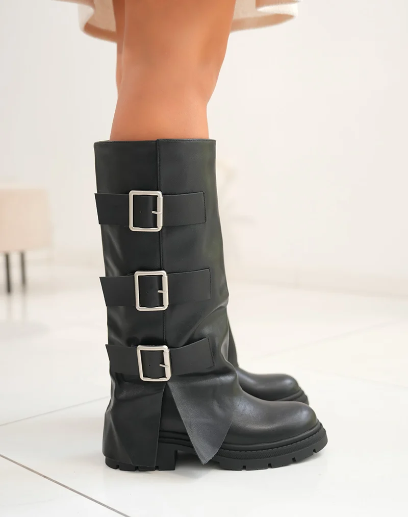 Bottes femme noires à triple boucles avec semelle crantée