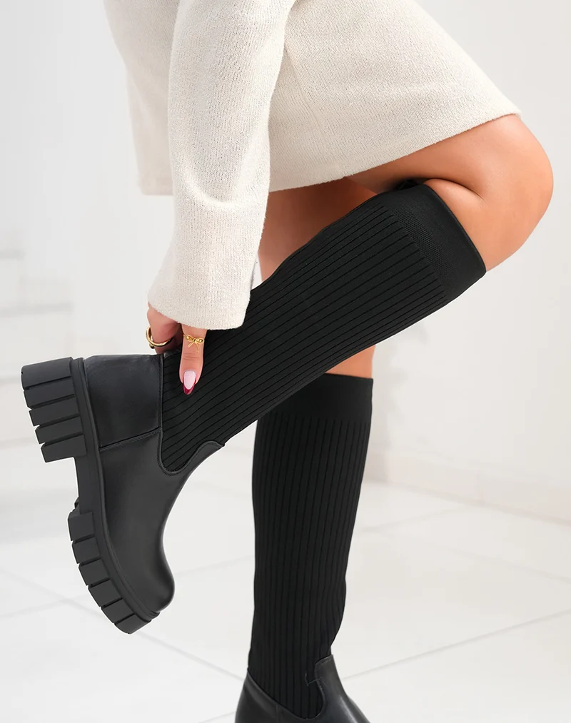 Bottes noires chaussette à plateforme crantée