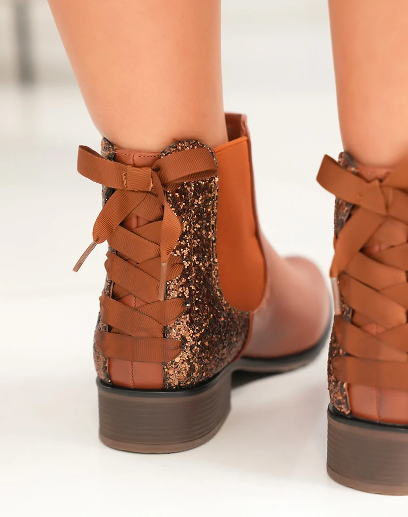 Chelsea boots camel à paillettes avec nœud