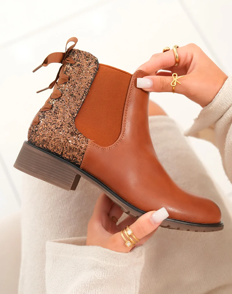 Chelsea boots camel à paillettes avec nœud