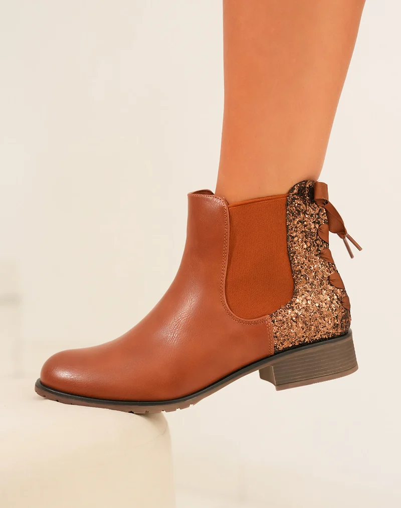 Chelsea boots camel à paillettes avec nœud