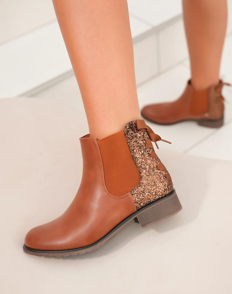 Chelsea boots camel à paillettes avec nœud