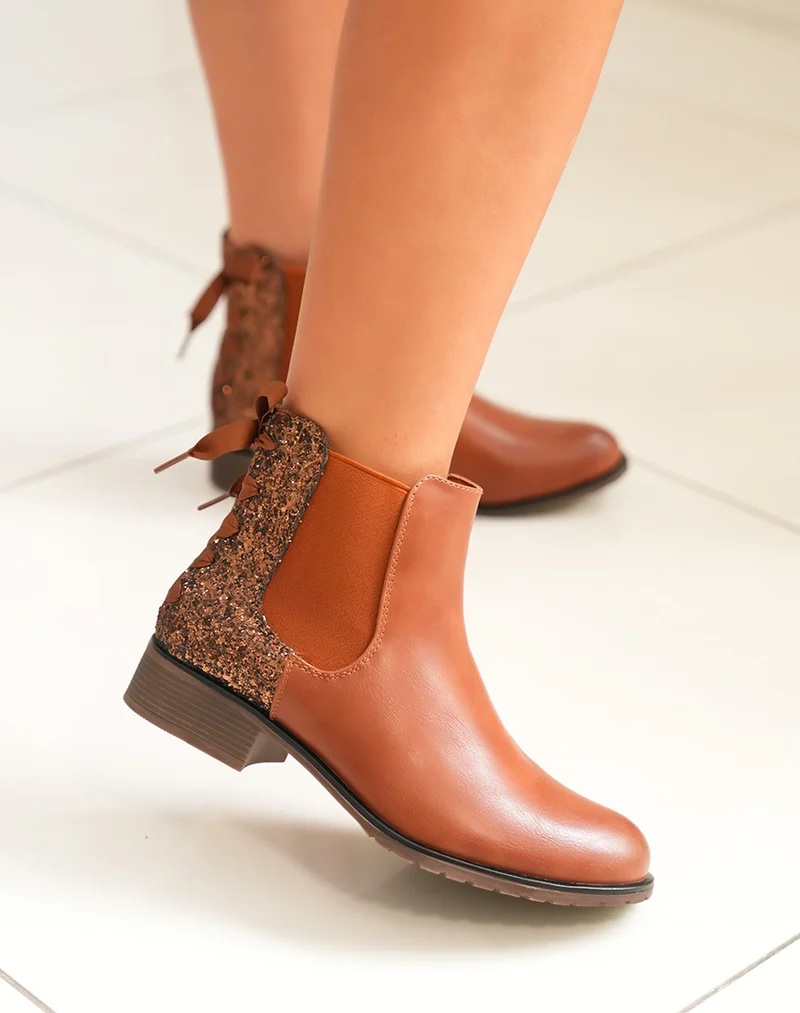 Chelsea boots camel à paillettes avec nœud