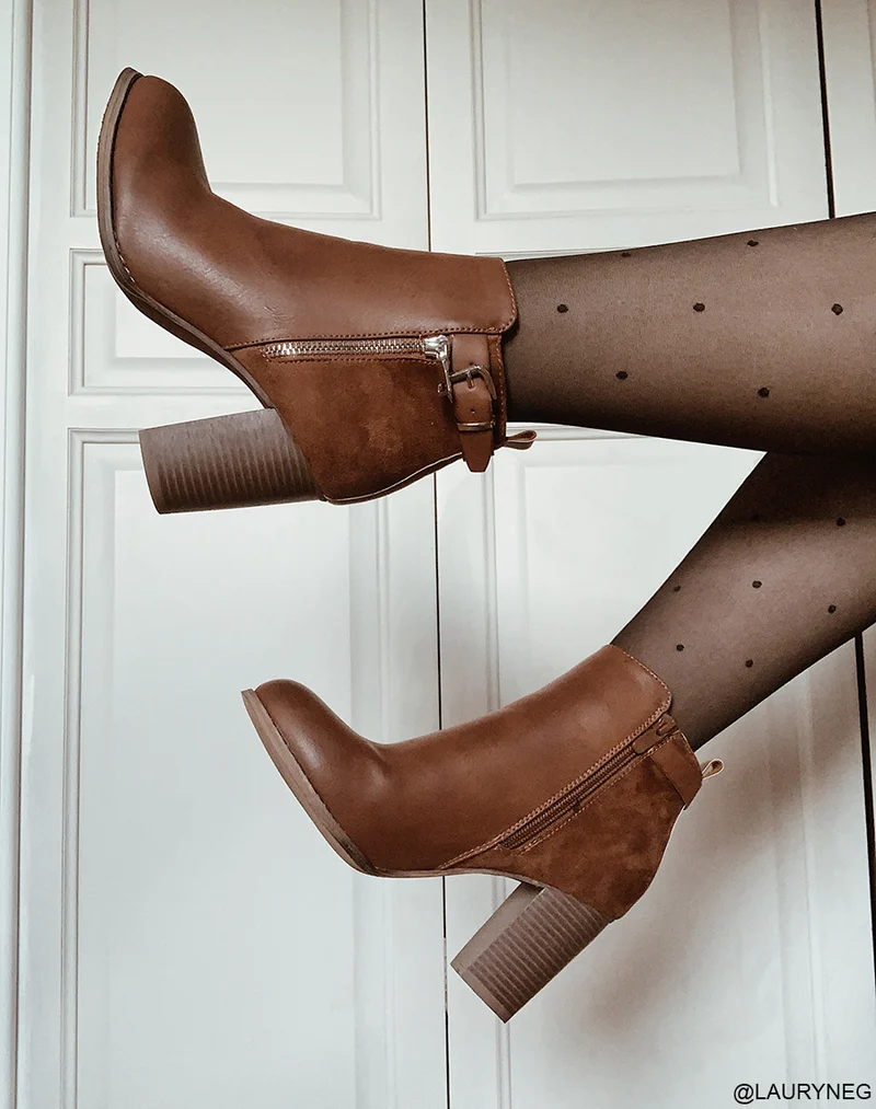 Bottines à talons camel bi matières avec sangle