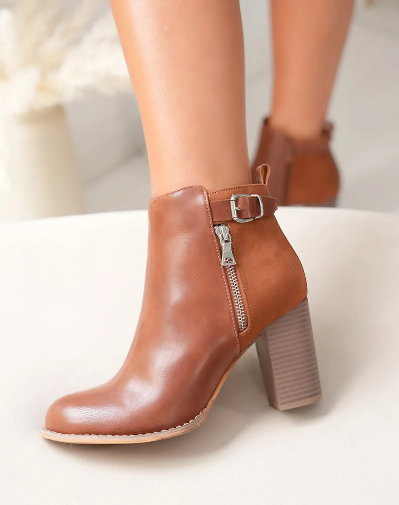 Bottines à talons camel bi matières avec sangle