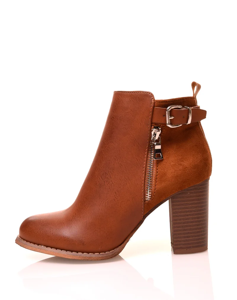 Bottines à talons camel bi matières avec sangle