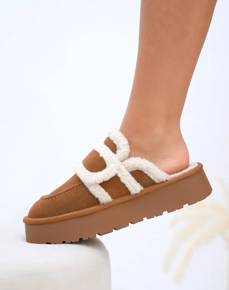 Mules femme marron en suédine cuir fourrée à plateforme et semelle crantée
