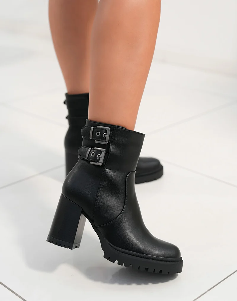 Bottines femme noires avec talon épais et double lanières ajustables